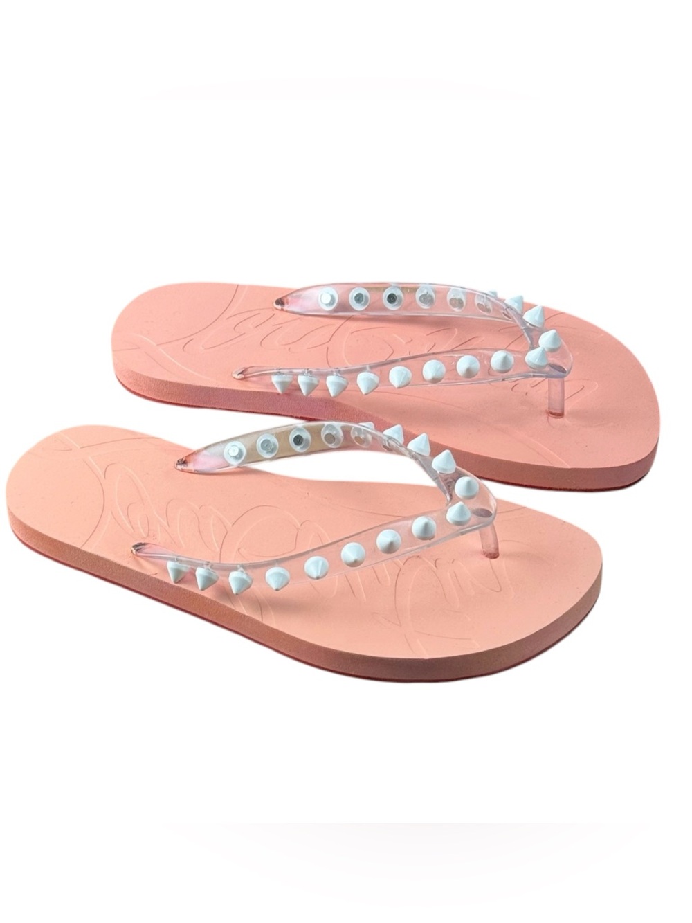 Christian Louboutin Pink Rubber Flip Flops Transparent Spike Sandals Flat Slides